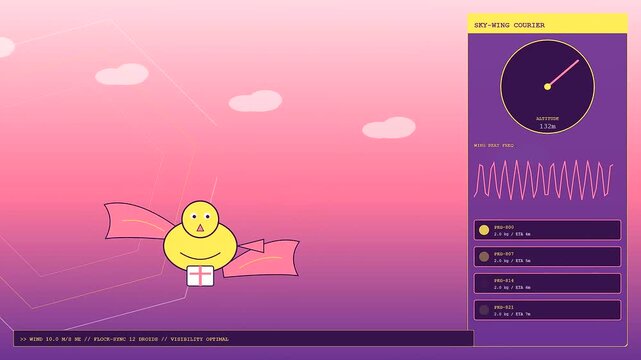 Delivery droids perform aerial logistics in this animated sequence displaying yellow avian robots carrying parcels while flying across a vibrant digital interface within the sky