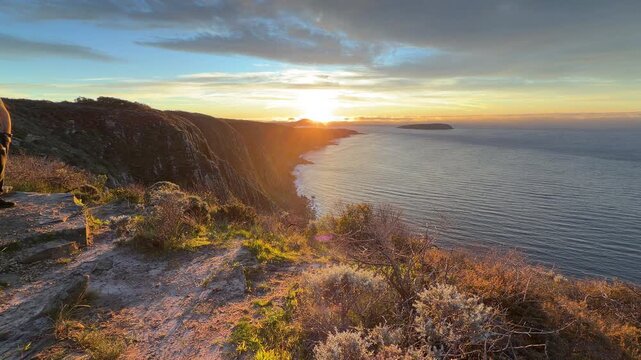 Spectacular sunrise over the Waitpinga cliffs and ocean in South Australia in 4k footage