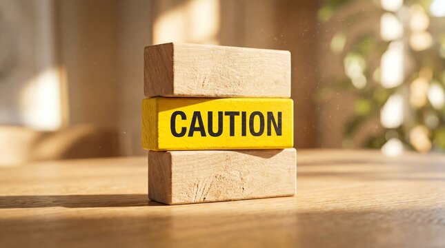Wooden Blocks Stacked with CAUTION Sign, Warning Symbol