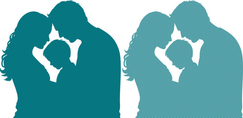 Teal silhouette of a loving family unit showing a mother and father embracing their young child with affection and closeness