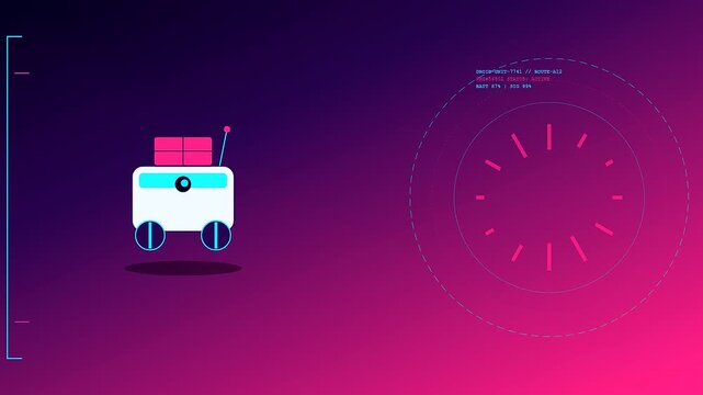 Three identical delivery droids glide horizontally across a vibrant magenta and purple digital display screen while a loading circle animation pulses rhythmically in the background space