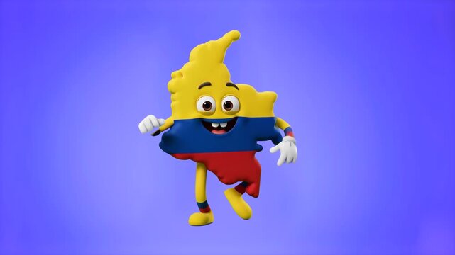 A detailed 3D model of the Colombia map shape as a friendly animated character with the yellow, blue, and red Colombian flag pattern dancing, set against a solid blue studio backdrop. Perfect for Colo