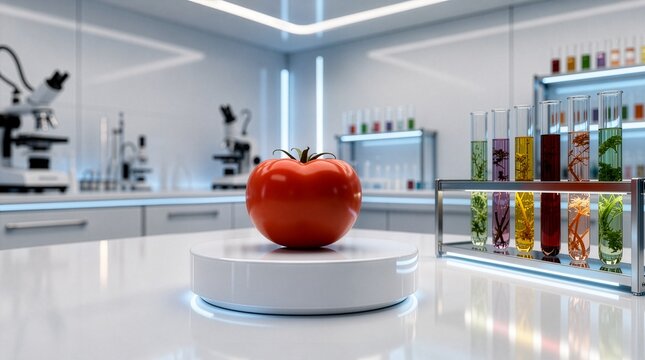 Fresh Tomato Displayed in High-Tech Biotechnology Laboratory for Agricultural Research, Genetic Modification, and Advanced Food Science Testing
