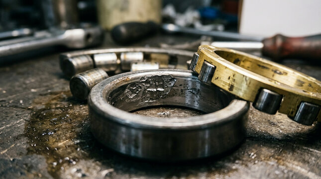 worn roller bearing with metal fatigue and spalling