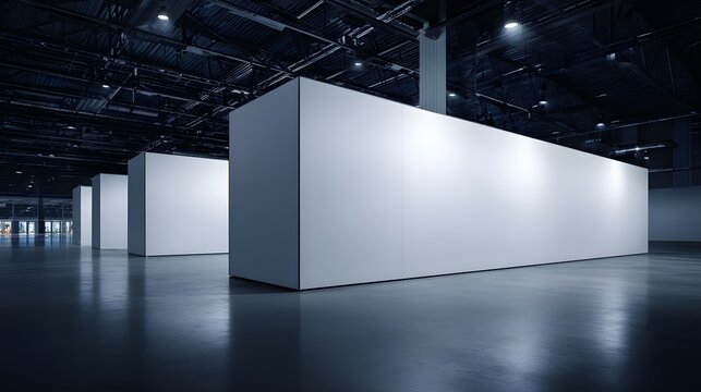 Large white partition walls inside a modern exhibition hall.