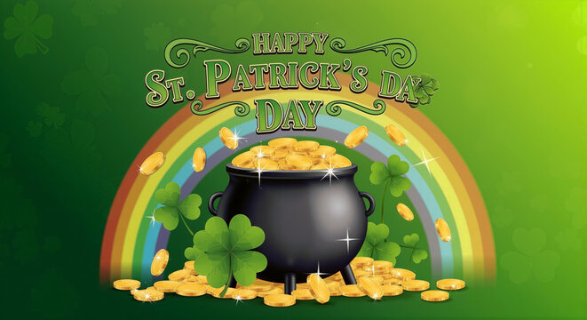 A vibrant St. Patrick's Day graphic featuring a pot of gold at the end of a rainbow, surrounded by shamrocks and falling gold coins.