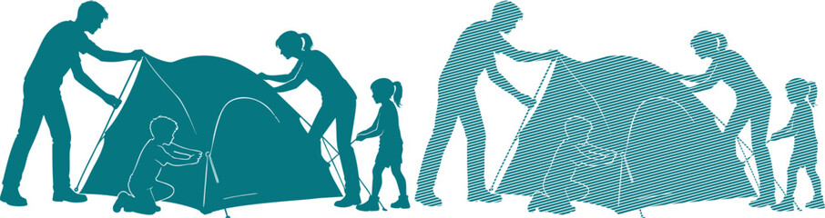 Teal silhouette of a family of four working together to set up a camping tent on a white background, outdoor travel activity © Shabuj