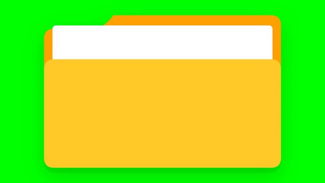Animated Yellow Folder Opening and Closing with White Papers Inside on Green Screen Background