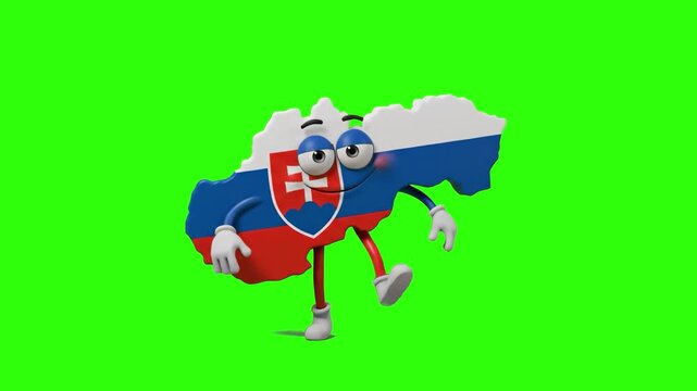 A cartoon Slovakia map character featuring the national flag dancing cheerfully on a chroma key green background. Ideal for video editing, educational travel shows, and geographic visual effects overl