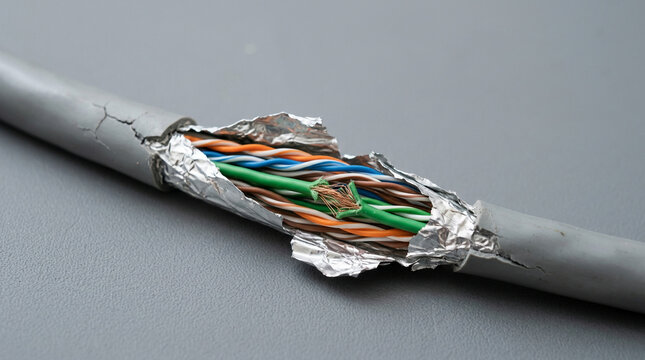 Cracked industrial encoder cable exposing twisted copper pairs