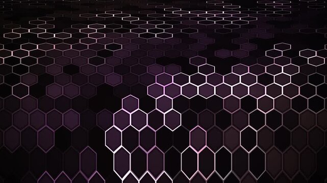 Animated glowing hexagon grid pattern with dynamic purple light effects creating a futuristic digital technology background for science data visualization and modern design concepts.