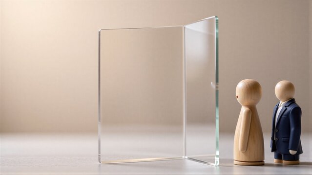 Two wooden figures stand before a transparent barrier, symbolizing separation or division.