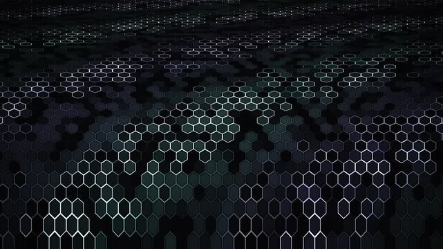 Abstract digital hexagon grid background animation featuring glowing geometric patterns and futuristic data flow, ideal for technology, science, and network-related projects.