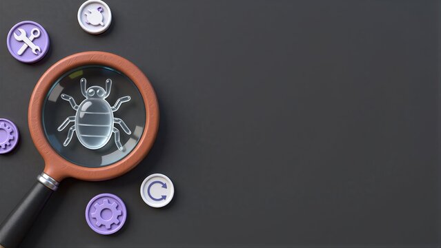 Magnifying glass reveals bug icon, surrounded by tech symbols on dark surface.