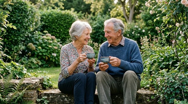 Elderly couple sitting together on stone step in lush green garden, holding ceramic teacups and smiling warmly, enjoying peaceful afternoon tea together