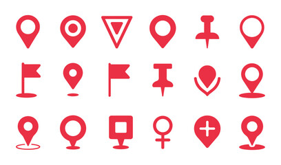 Collection of Map Pointer Icons. A curated assortment of vibrant red map pin and location marker icons, including flags and pushpin symbols, symbolizing navigation and geographic placement. © Joba Vector Studio