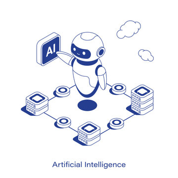 Isometric artificial intelligence vector illustration. AI robot interacting with a digital interface above a connected server network. Clean IT technology layout
