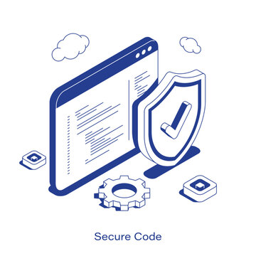 Isometric secure code vector illustration. Software development security concept featuring a code editor window, a shield with a checkmark, and a gear. Clean IT layout