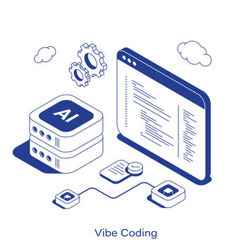 Isometric vibe coding vector illustration. AI-assisted software development concept featuring an AI server, code editor window, and gears. Clean IT technology layout