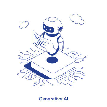 Isometric generative AI vector illustration. Artificial intelligence robot with a digital code screen floating over a microchip circuit board. Clean IT technology layout