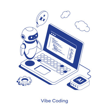 Isometric vibe coding vector illustration. AI-assisted software development concept featuring a robot assistant, laptop with code, and AI chip. Clean IT technology layout