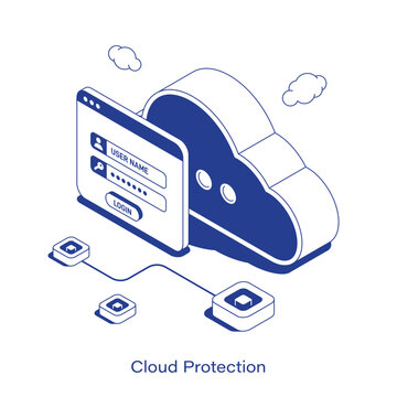 Isometric cloud protection vector illustration. Online data security concept featuring a cloud storage icon and a website login form. Clean IT technology layout