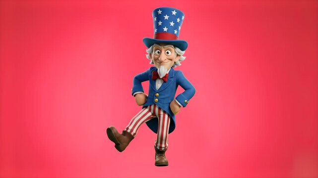 A lively 3D Uncle Sam character wearing a patriotic top hat and suit performs a fun dance step against a red studio background. Ideal for 4th of July celebrations, US election visual assets, patriotic