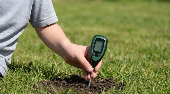Person measuring soil ph moisture and fertility with digital sensor probe in green grass lawn