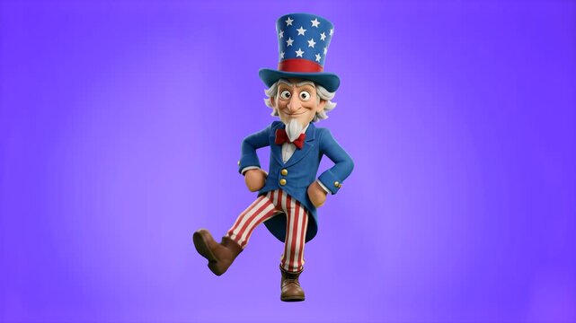 An animated 3D Uncle Sam character dressed in a classic stars and stripes outfit, dancing on a smooth purple background. Great for Fourth of July videos, campaign promos, and patriotic social media co