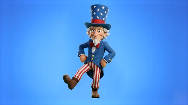 A cartoon 3D Uncle Sam character wearing a top hat and suit, dancing cheerfully against a solid blue background. Ideal for American patriotic holidays, political satire, and Independence Day promotion