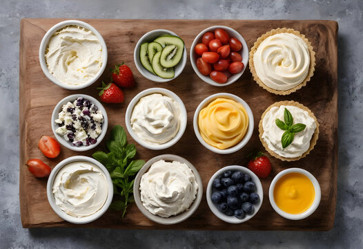 Assortment of creamy dips and fresh ingredients on a wooden board, perfect for appetizers and snacks