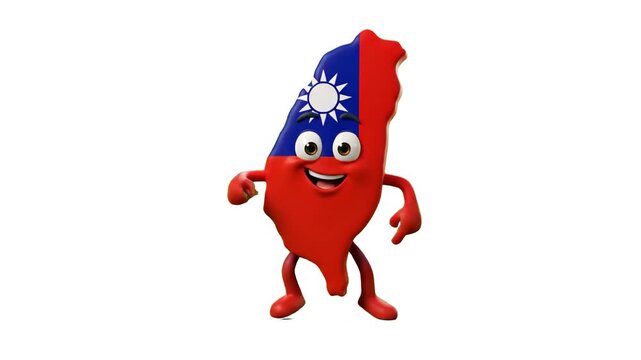 A friendly 3D Taiwan island map character styled with the national flag walking isolated on a clean white background. Suitable for Asian geography lessons, travel guides, cultural video presentations,