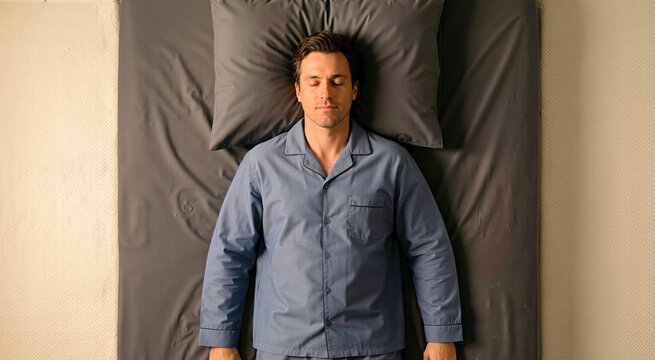Top view of a man sleeping on his back in blue pajamas. Relaxed male resting on dark grey charcoal sheets and pillow. Overhead bedroom shot