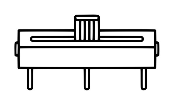 Hand-traced black line vector icon illustration of a classic slide potentiometer electronic component with adjustable slider knob and three metallic terminal pins, isolated on white background
