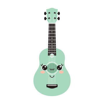 A cute, mint-green ukulele with a smiling face is depicted against a white background.