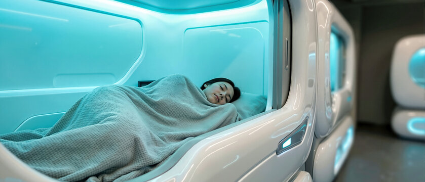 Woman sleeping inside a futuristic capsule pod with cyan glowing interior. Modern high-tech sleeping pod in a capsule hotel