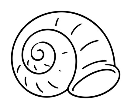 Hand-traced vector icon illustration of a spiral snail shell in minimalist black outline style, featuring curved whorls and a small rounded opening, isolated on a white background for design use