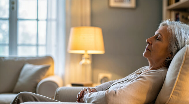 Side profile of an elderly senior woman resting in a cream armchair. Mature female with silver hair sleeping in a cozy living room with warm lamp light