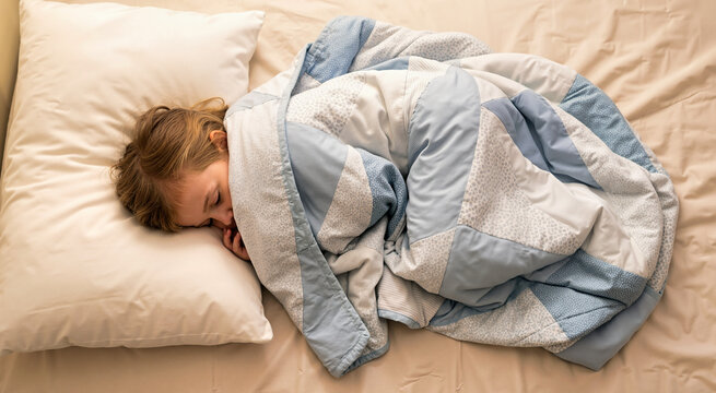 High angle view of a child sleeping under a blue and white quilted blanket. Young kid resting on a soft white pillow in bed