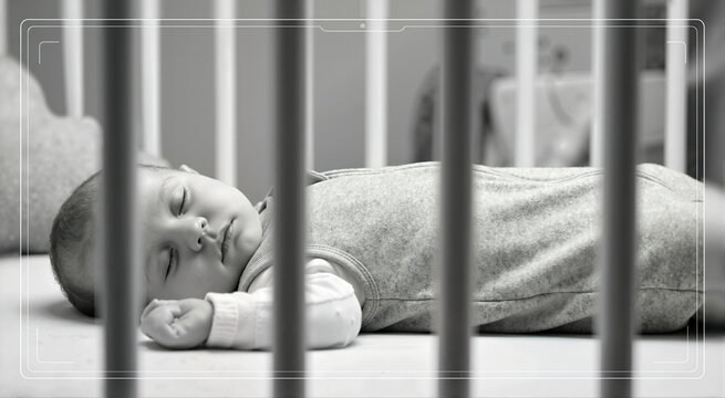 Sleeping infant in a crib viewed through wooden bars. Black and white photo of baby asleep in nursery