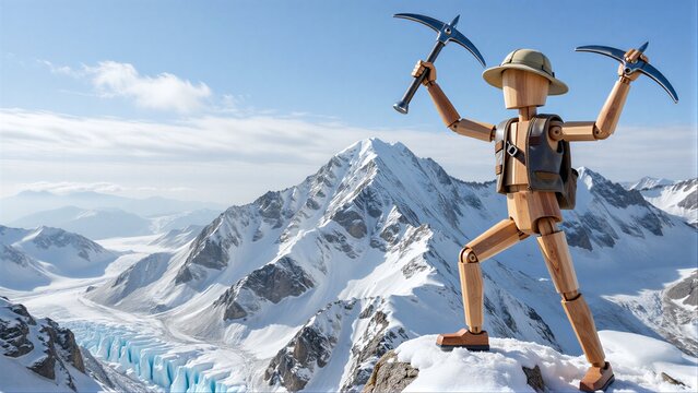 Wooden climber stands triumphantly on snowy peak, holding ice axes high.