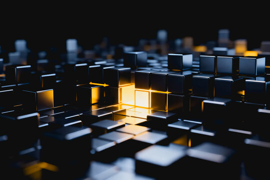 3D rendered metallic cubes arranged in a grid, with select cubes glowing warm light against a dark backdrop, creating a modern abstract visual composition.