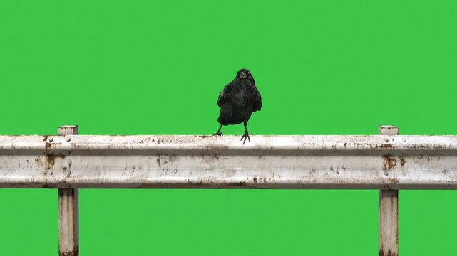 Raven on a highway guardrail green screen