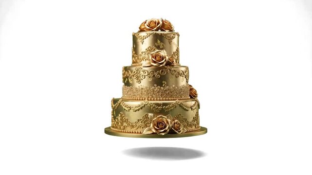 A spectacular three-tiered golden wedding cake adorned with intricate metallic patterns and decorative roses centered on a clean white background. Designed for wedding planners, bakery catalogs, cater