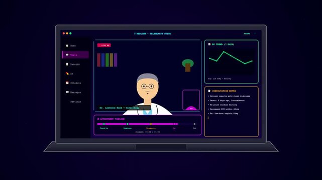 An animated medical UI shows a telehealth consultation screen dynamically populating with patient data, vitals charts, and clinical notes during a virtual doctor appointment.