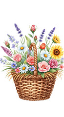 Obraz premium Woven Basket Filled With Colorful Roses Lavender Daisies And Sunflowers Floral Arrangement