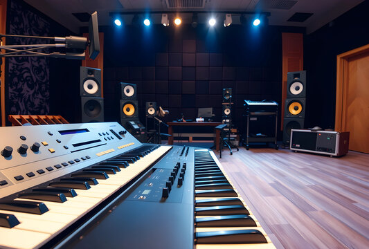 Professional music recording studio interior with synthesizers, audio equipment, and acoustic panels for sound production