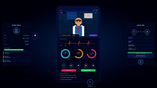 Presenting a modern mobile Telehealth Consultation Screen mock up showcasing real time patient vital monitoring and doctor communication interface features for healthcare
