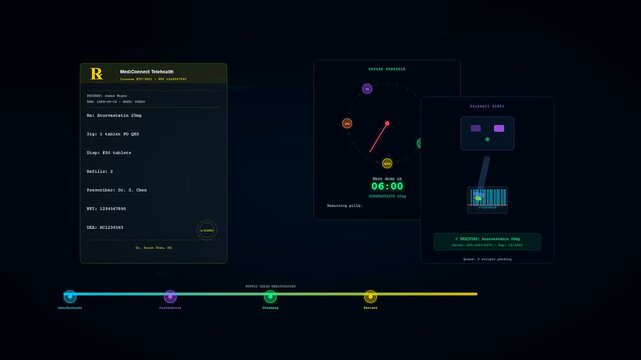 An animated digital telemetry display showcases a Telehealth Consultation Screen as a medical prescription is electronically processed and verified for final patient delivery.