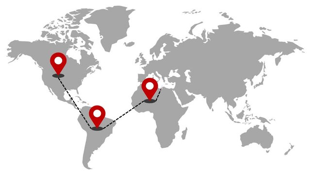 Animated Global Map Route Timeline with Six Red Location Pins